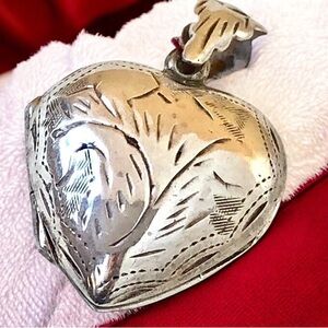 Vintage Sterling Silver Etched Puffy Heart LOCKET Pendant Signed RM Opens
